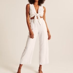 🧡 Abercrombie Linen-Blend Cropped Wide Leg Pants White